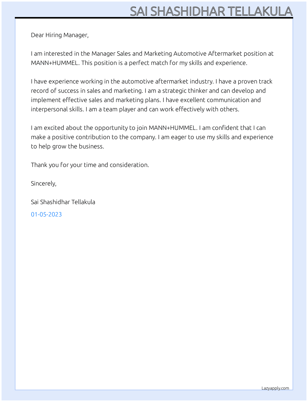 Manager Sales and Marketing Automotive Aftermarket At MANN+HUMMEL Cover Letter