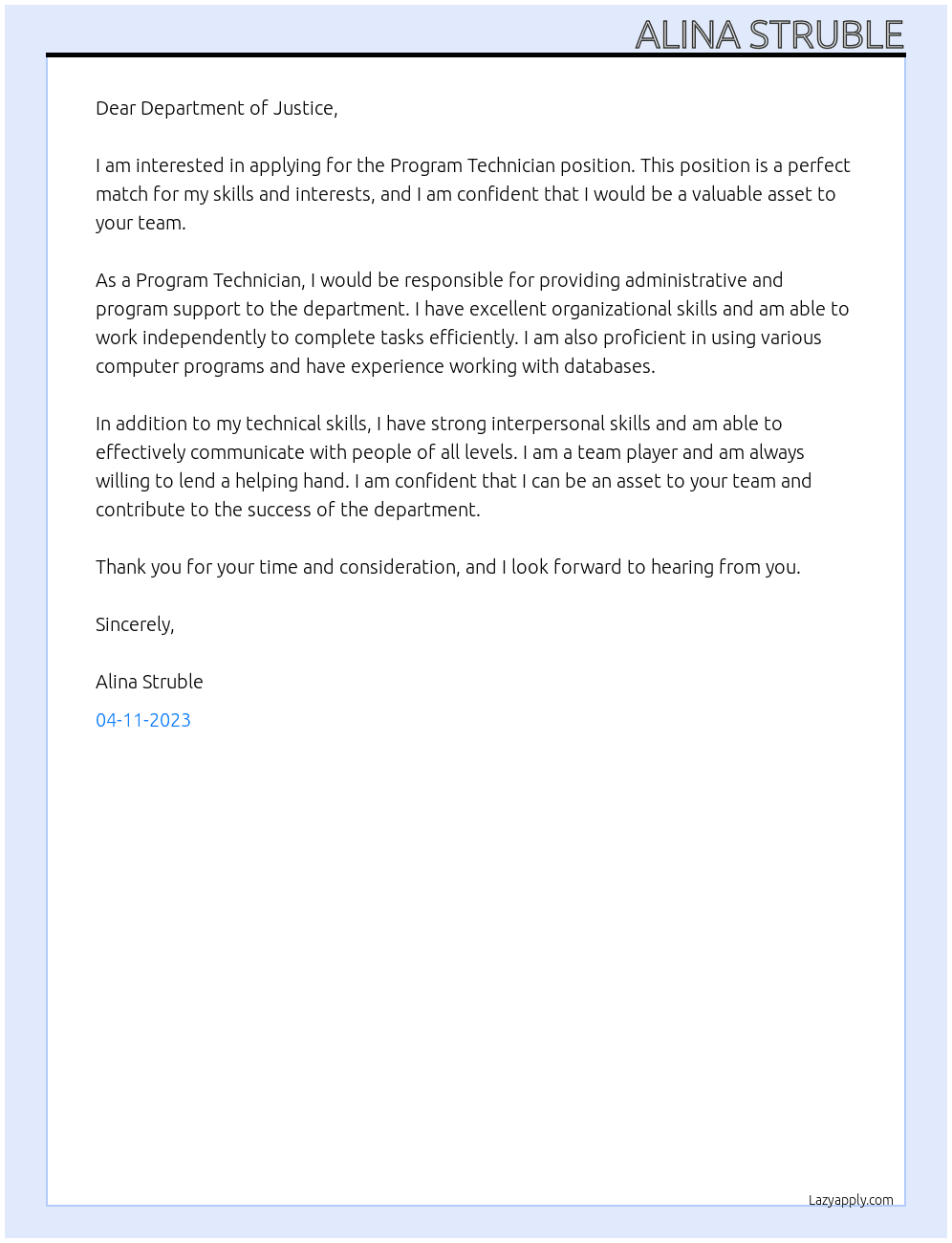 Program Technician At Department of Justice Cover Letter