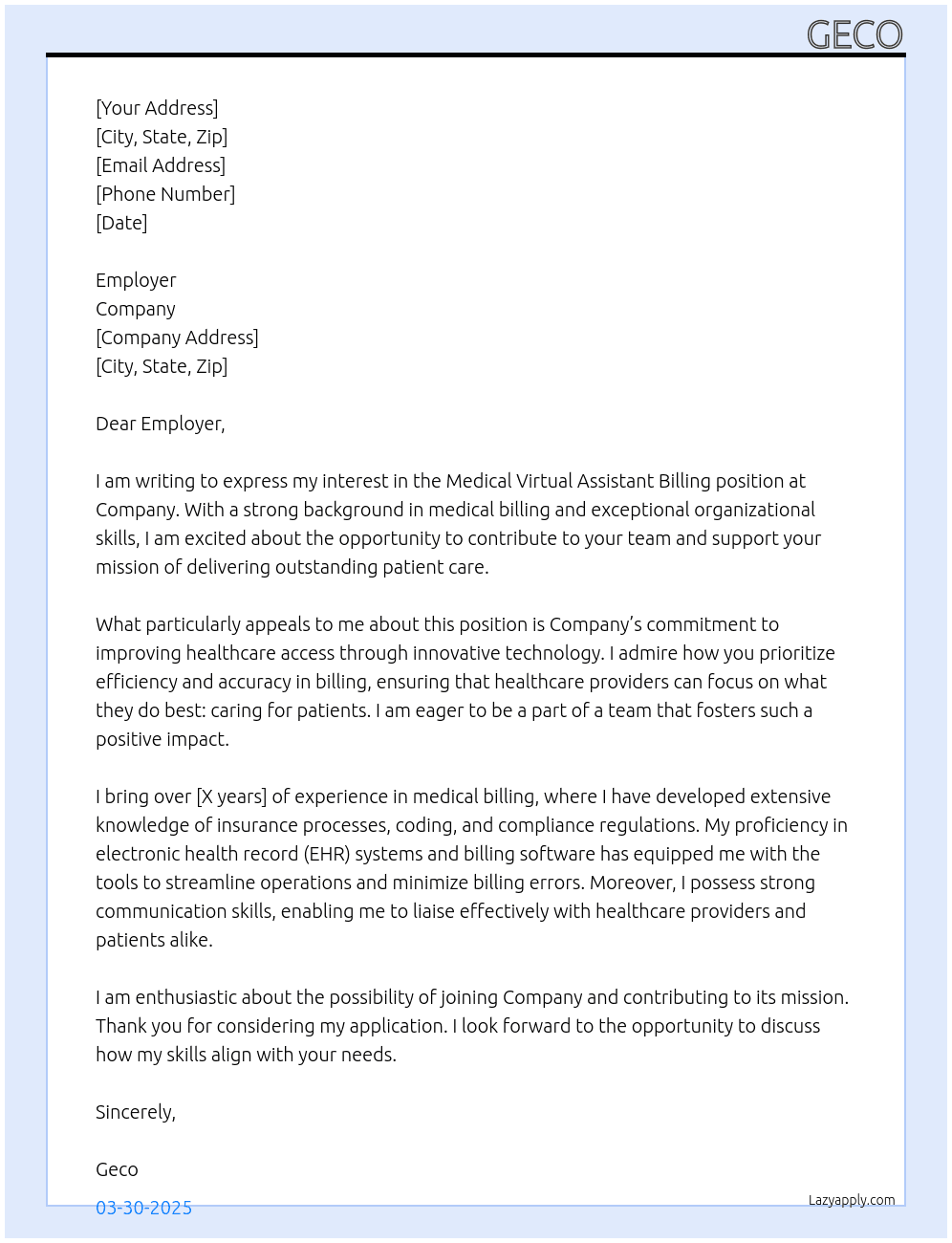 Cover letter for medical virtual assistant billing - LazyApply