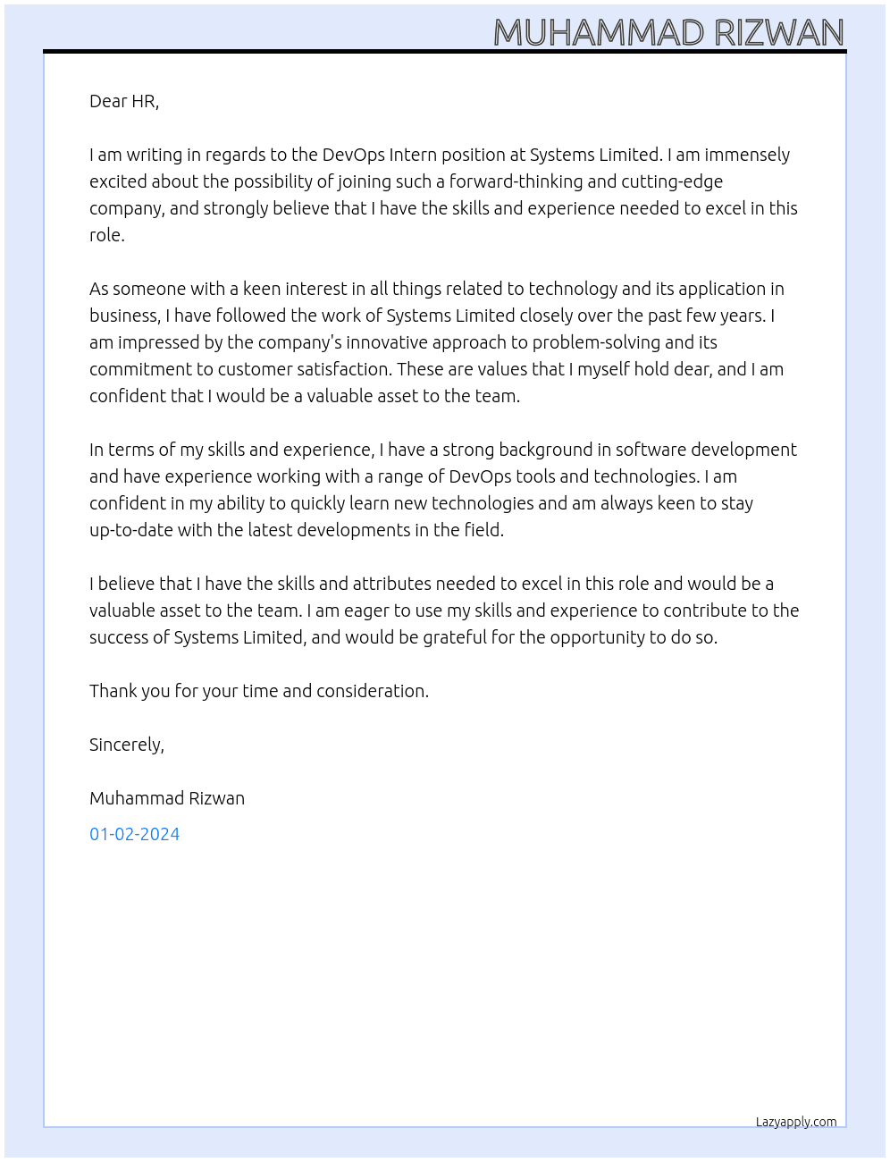 DevOps Intern At Systems Limited Cover Letter