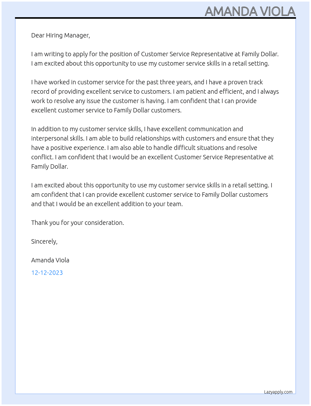 Customer service representative  At Family Dollar  Cover Letter