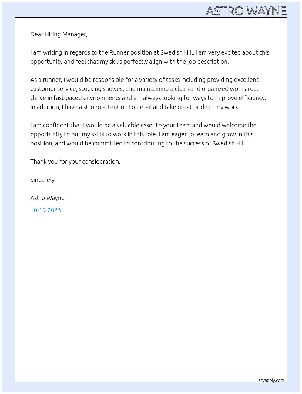 Runner At Swedish Hill Cover Letter