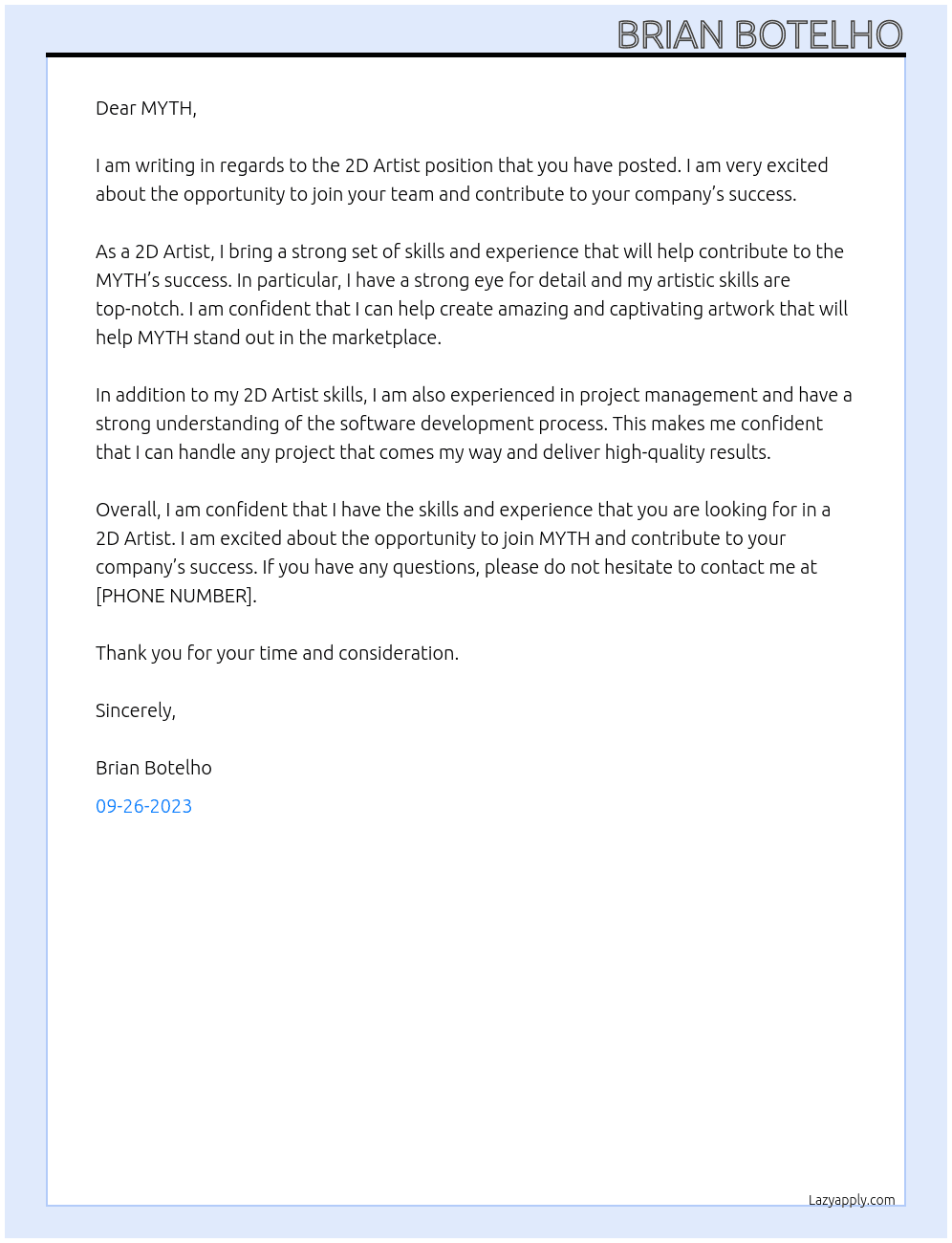 2D Artist At MYTH Cover Letter