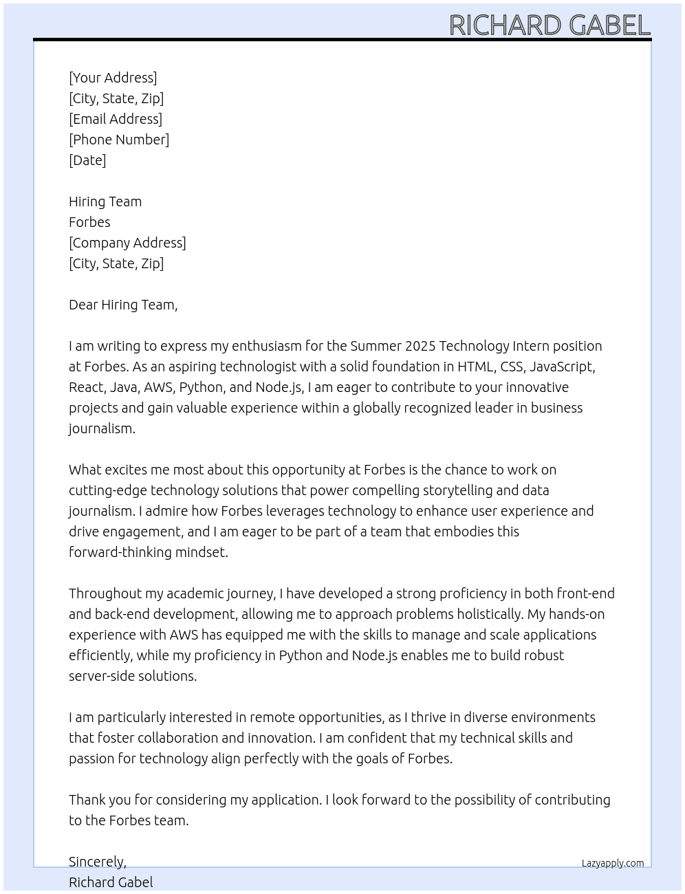 Summer 2025 Technology Intern At Forbes Cover Letter