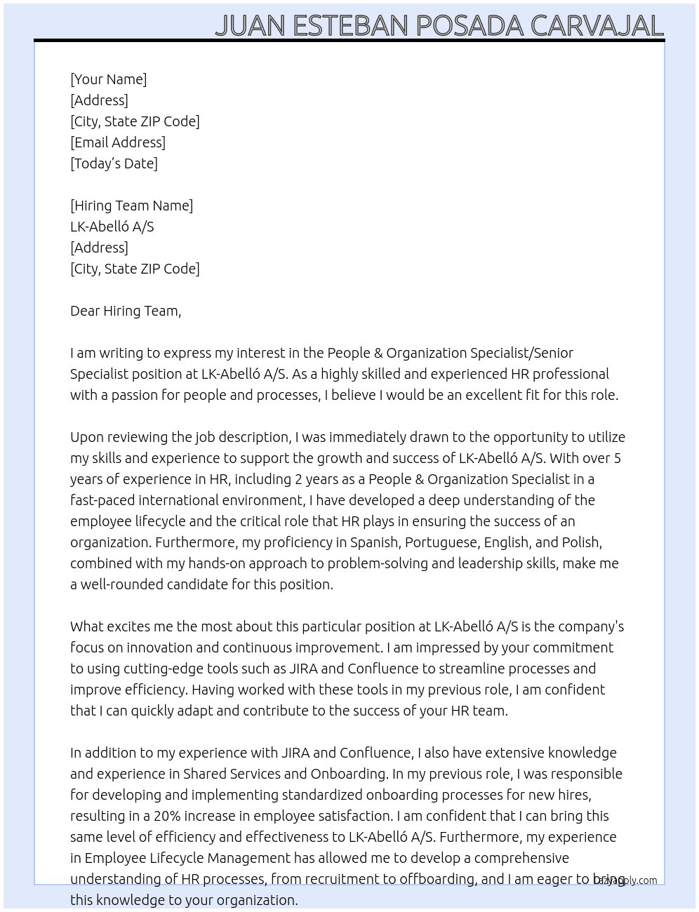 People & Organization Specialist/ Senior Specialist with Spanish At LK-Abelló A/S Cover Letter