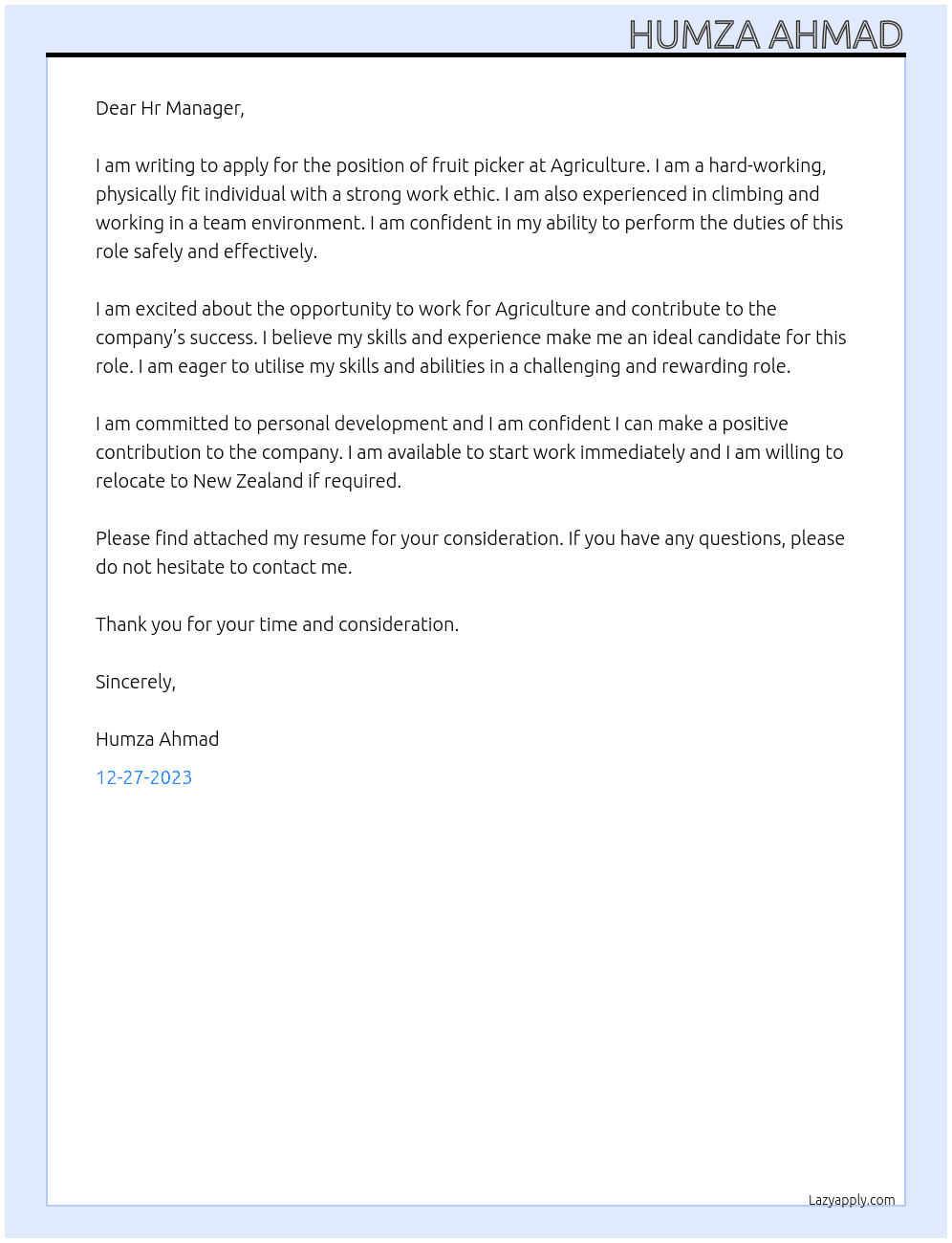 Fruit Picker At Agriculture Cover Letter