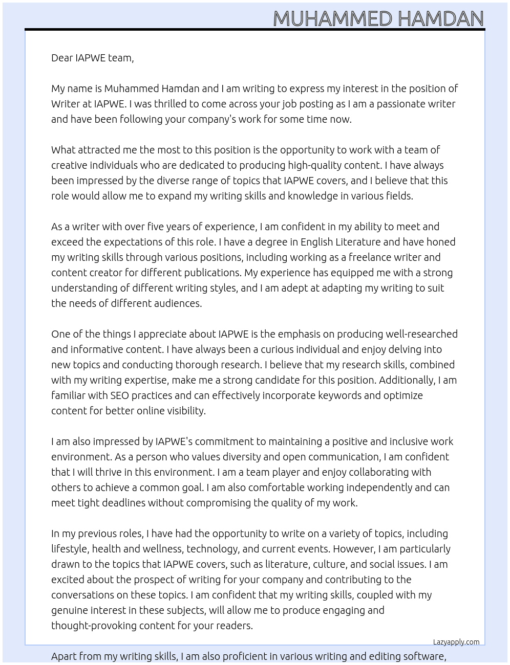 Writer At IAPWE Cover Letter