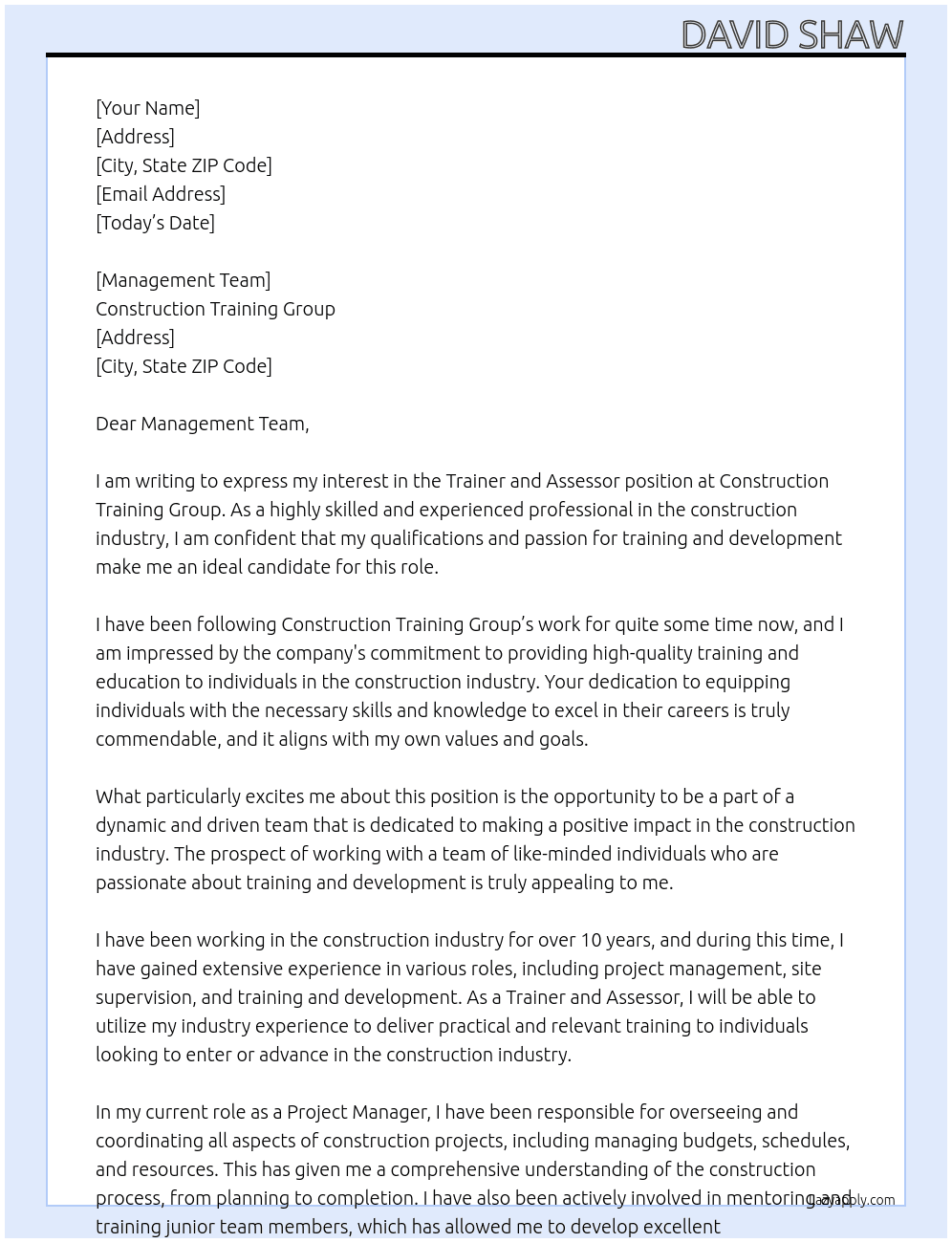 Trainer and Assesor At Construction training group Cover Letter