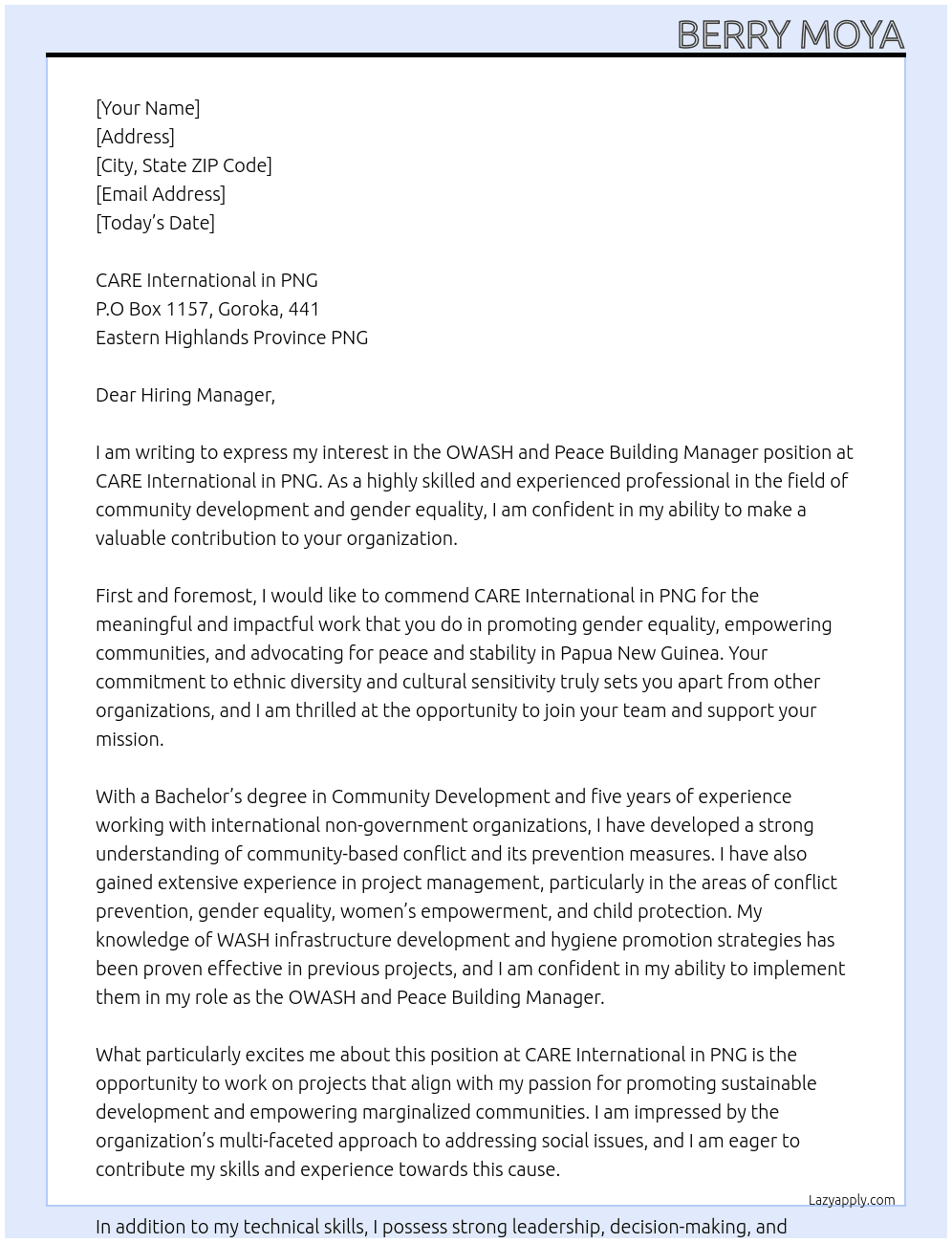 OWASH and Peace Building Manager - (Goroka/ Morobe Based)xfam Country Coordinator Papua New Guinea At CARE International in PNG  Cover Letter