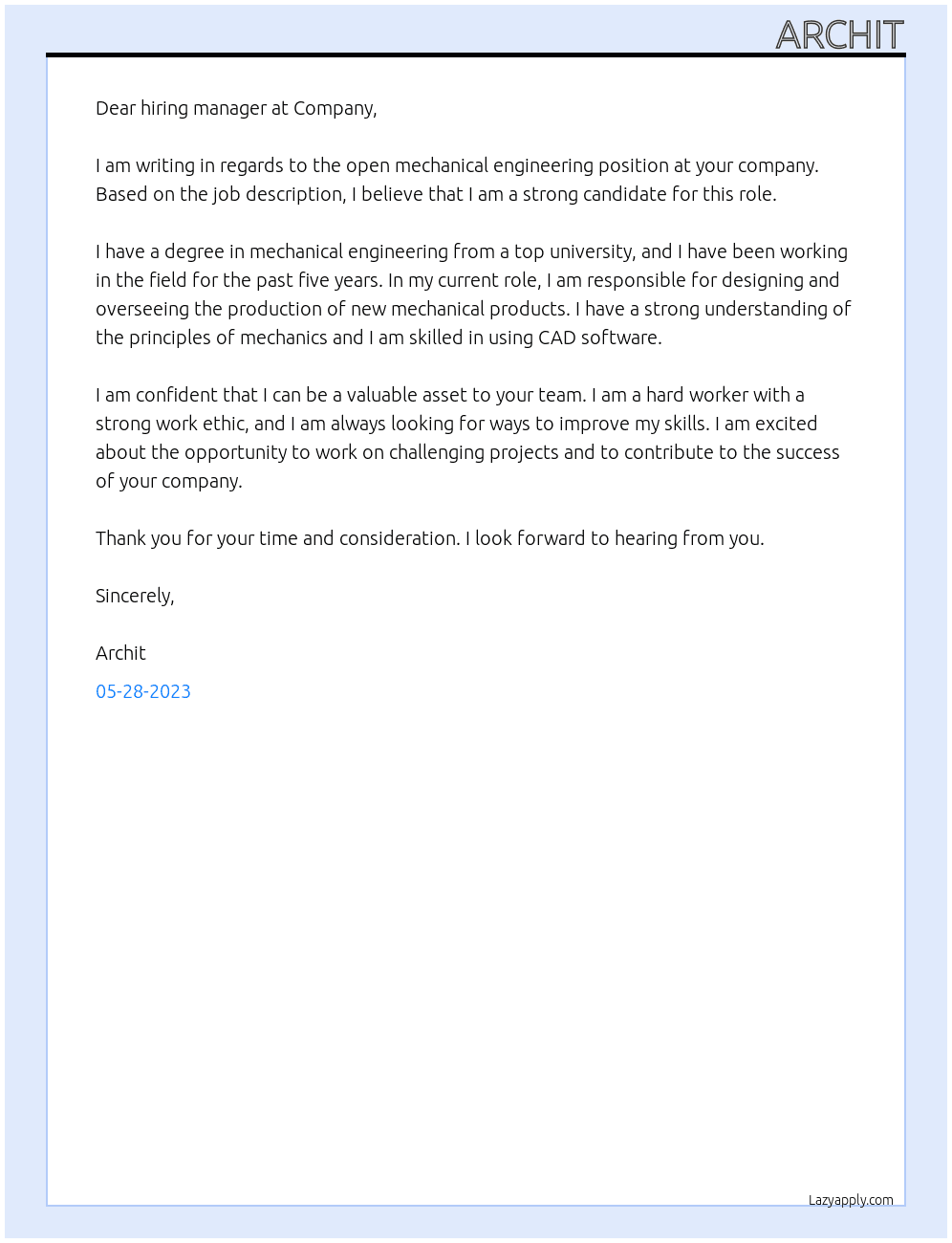 Mechanical Engineering At Company Cover Letter