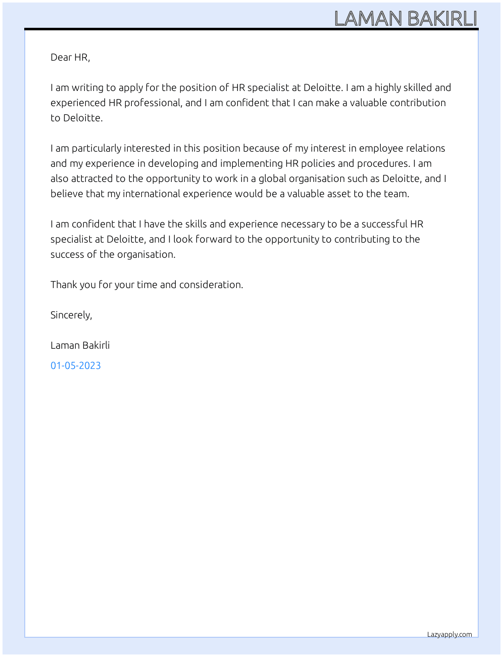HR specialist At Deloitte Cover Letter