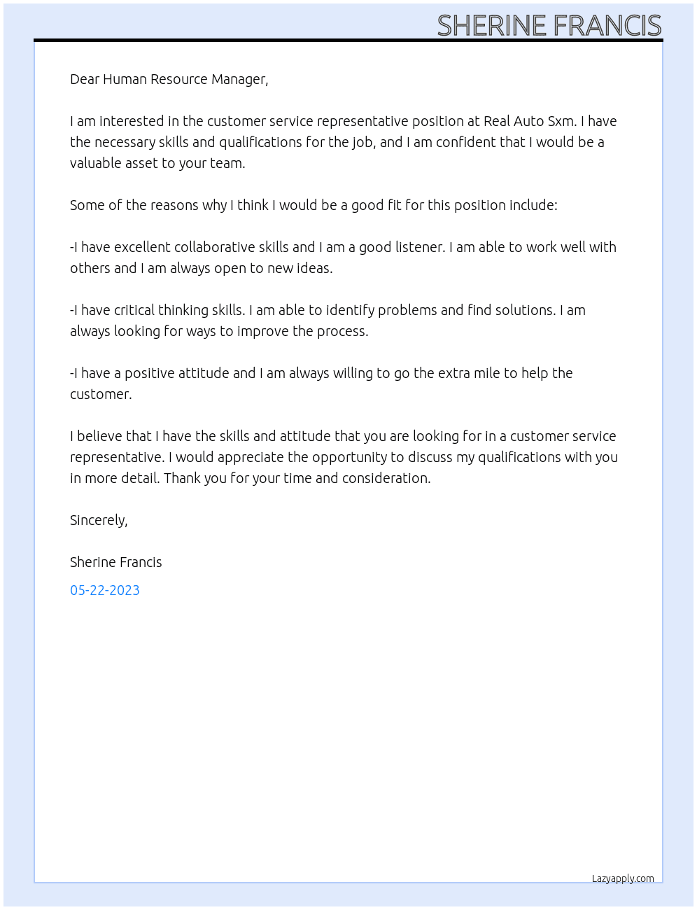 Customer service rep At Real Auto Sxm Cover Letter