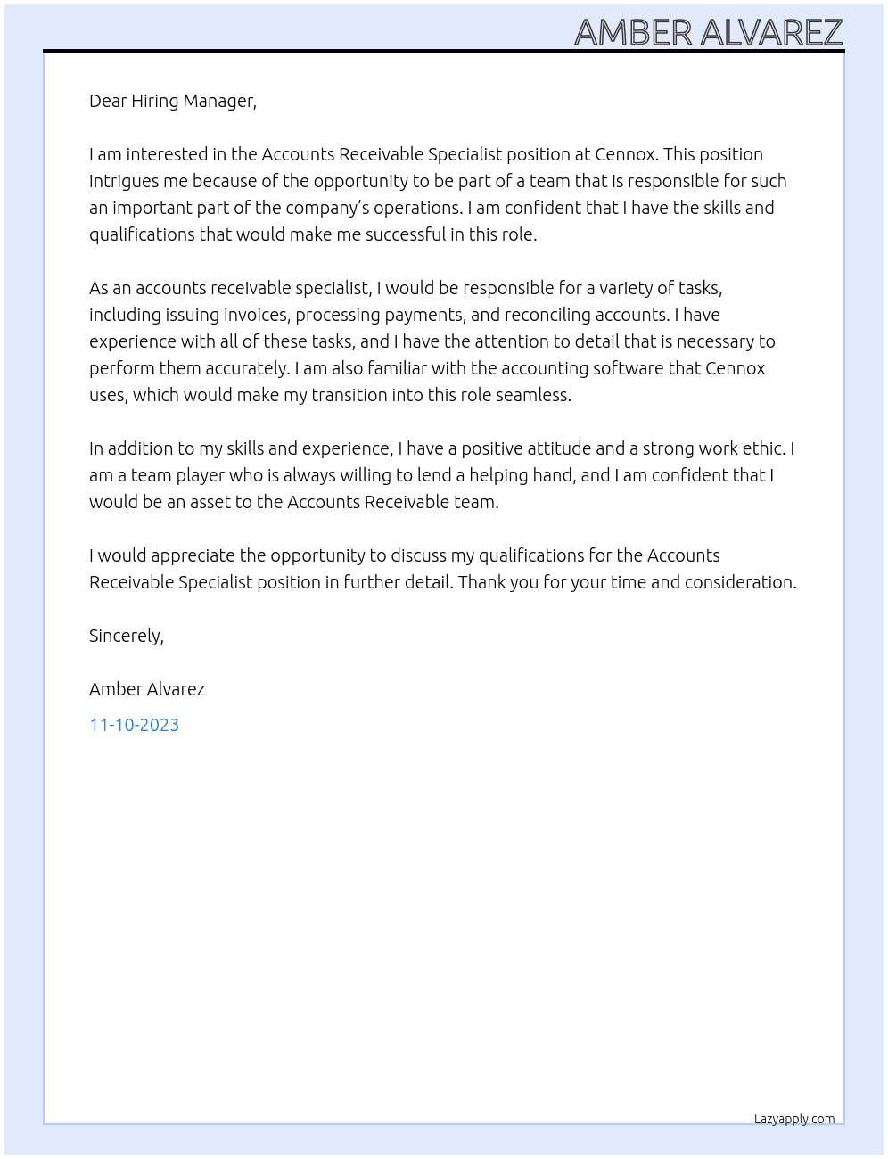 Accounts Receivable Speciaist At Cennox Cover Letter