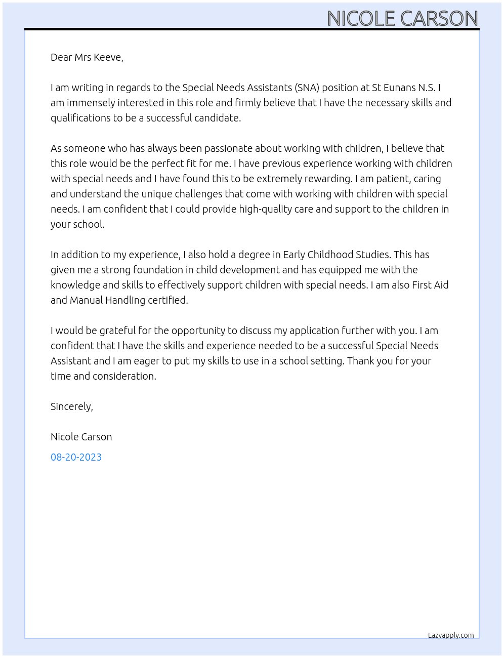 Special Needs Assistants (SNA) At St Eunans N.S Cover Letter
