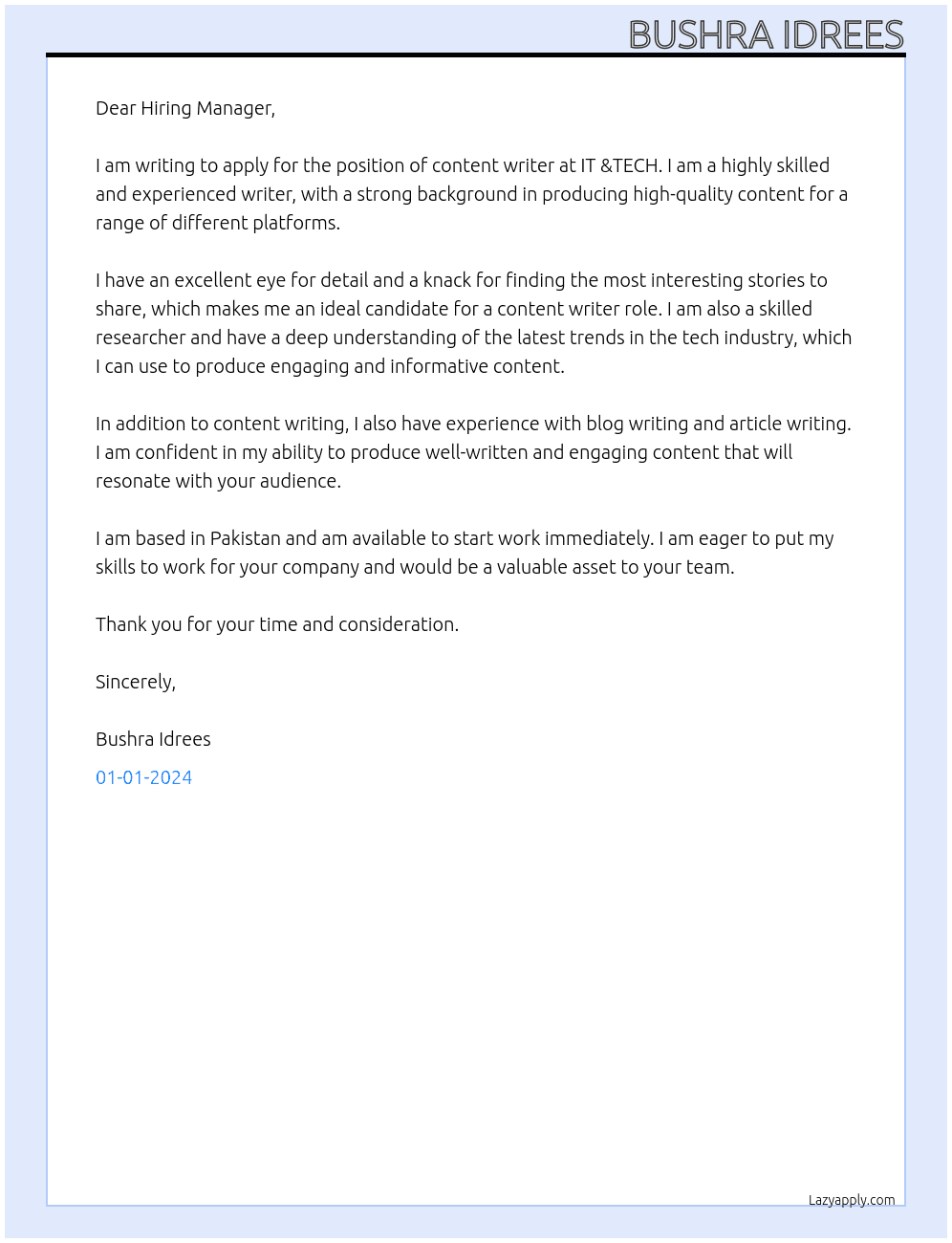 content writer At IT &TECH Cover Letter