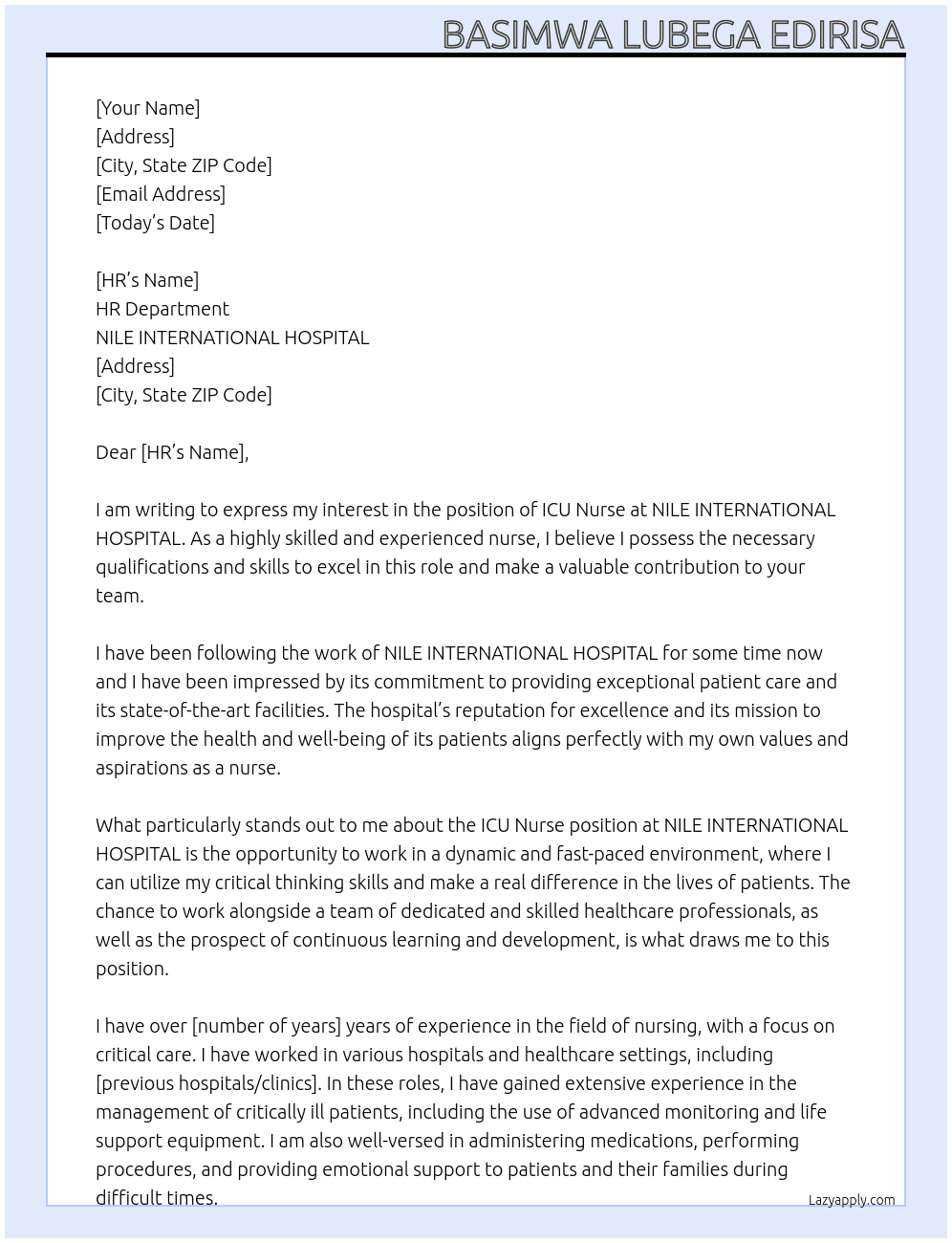 ICU NURSE At NILE INTERNATIONAL HOSPITAL Cover Letter