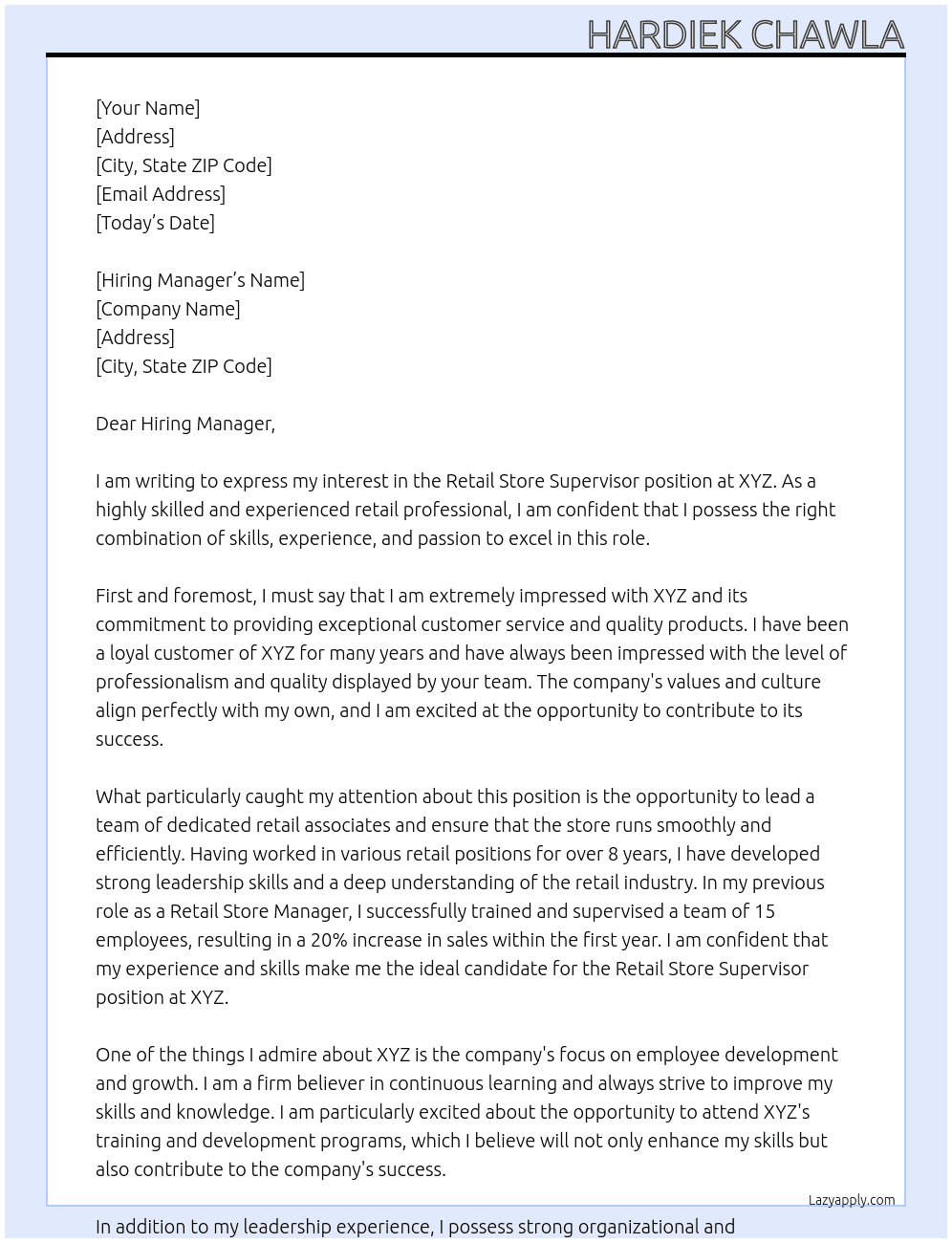 Retail store supervisor At XYZ Cover Letter