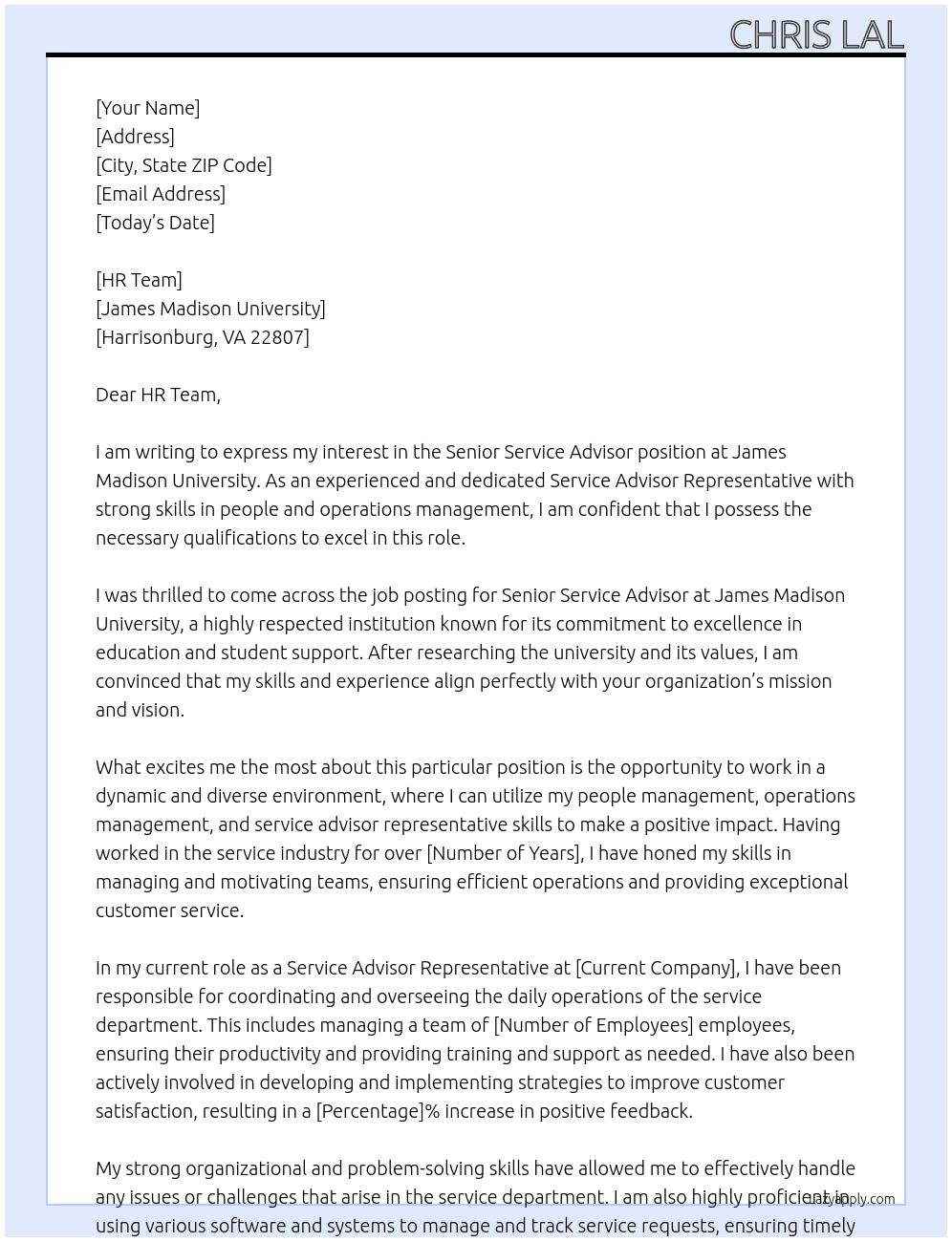 Senior Service Advisor  At James Madison University  Cover Letter