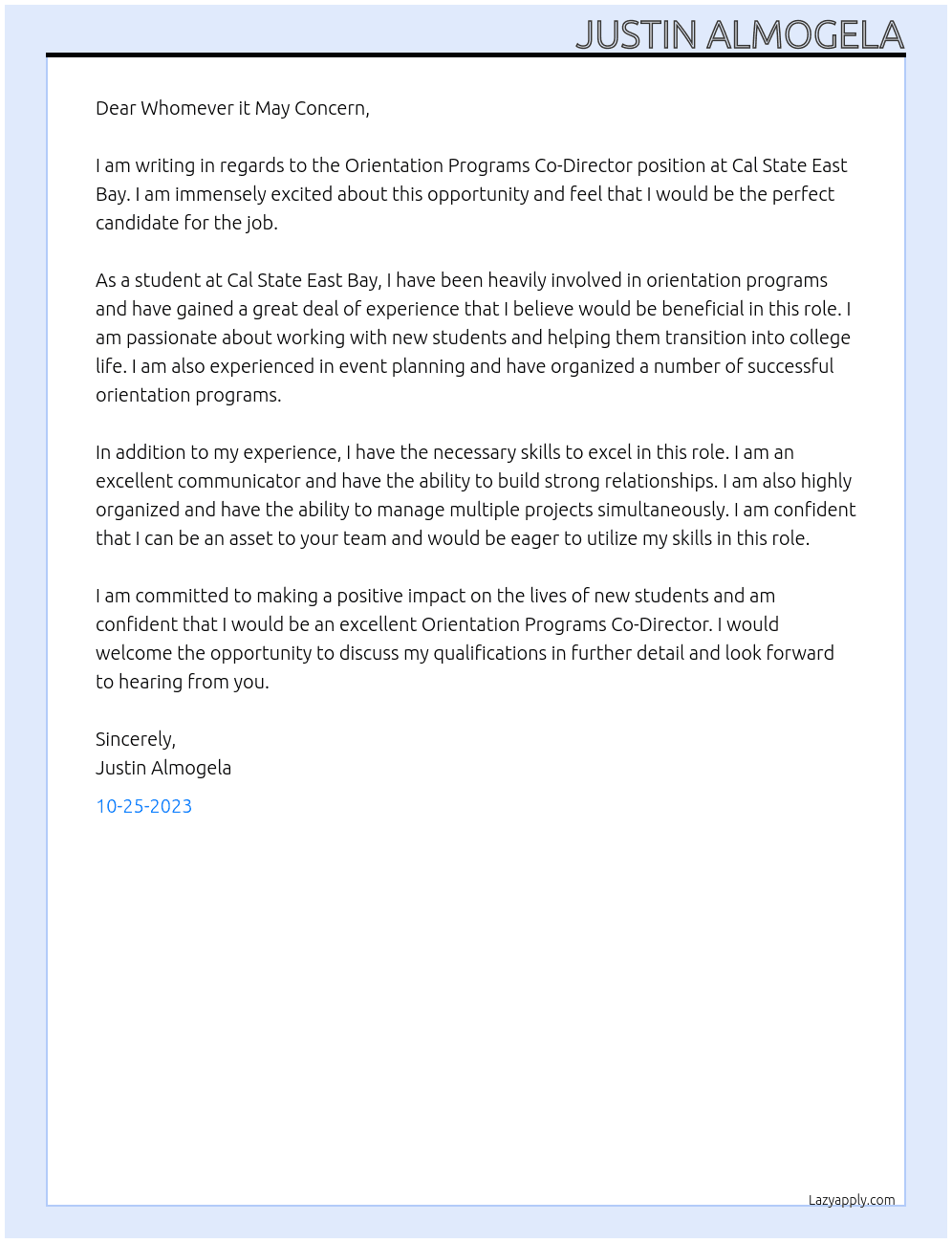 Orientation Programs Co-Director At Cal State East Bay Cover Letter