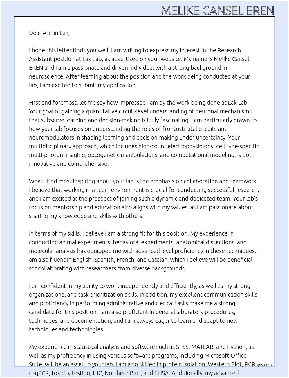 Research assistant  At Lak Lab Cover Letter