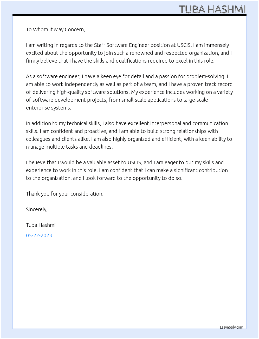 Staff Software Enginner At EB2-NIW Advanced Degree Professional Cover Letter