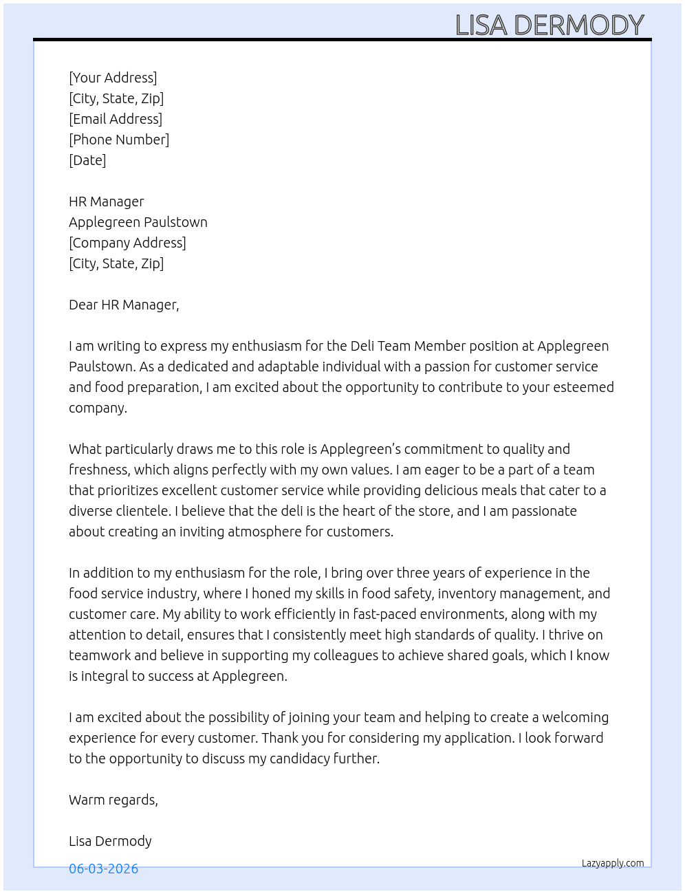 Deli team member  At Applegreen Paulstown  Cover Letter