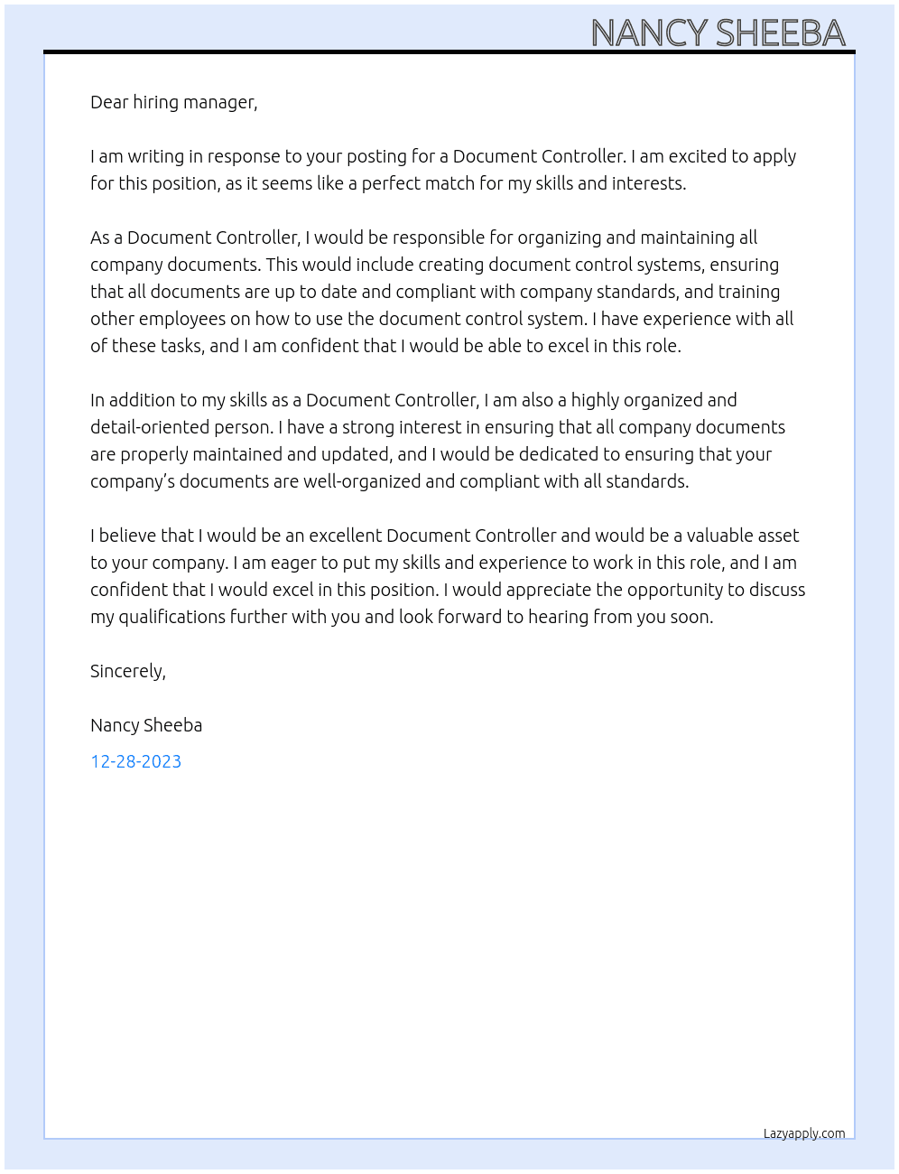 DOCUMENT CONTROLLER At Nancy Sheeba  Cover Letter