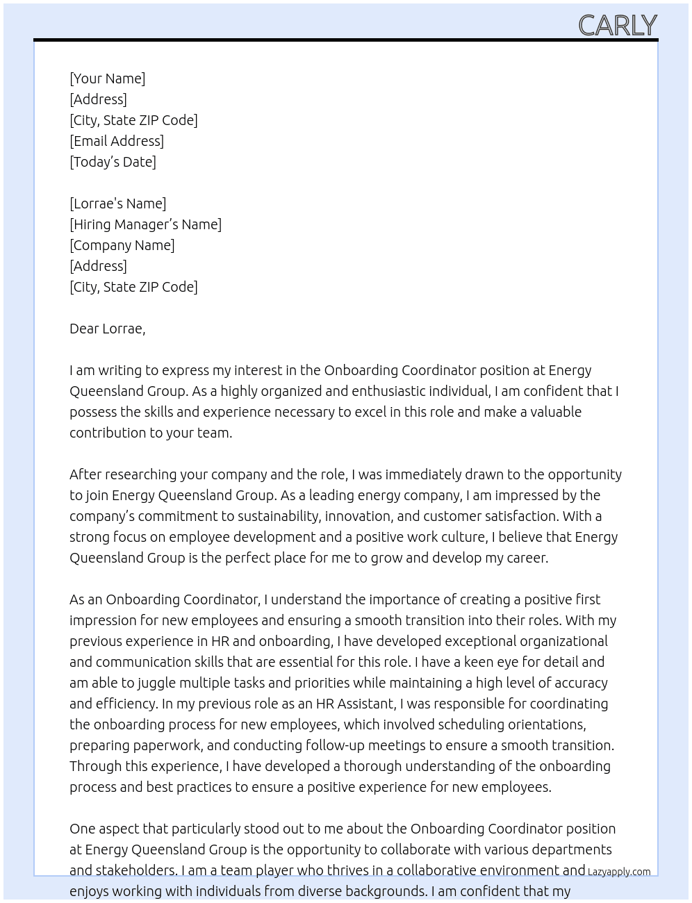 Onboarding Coordinator At Energy Queensland Group Cover Letter