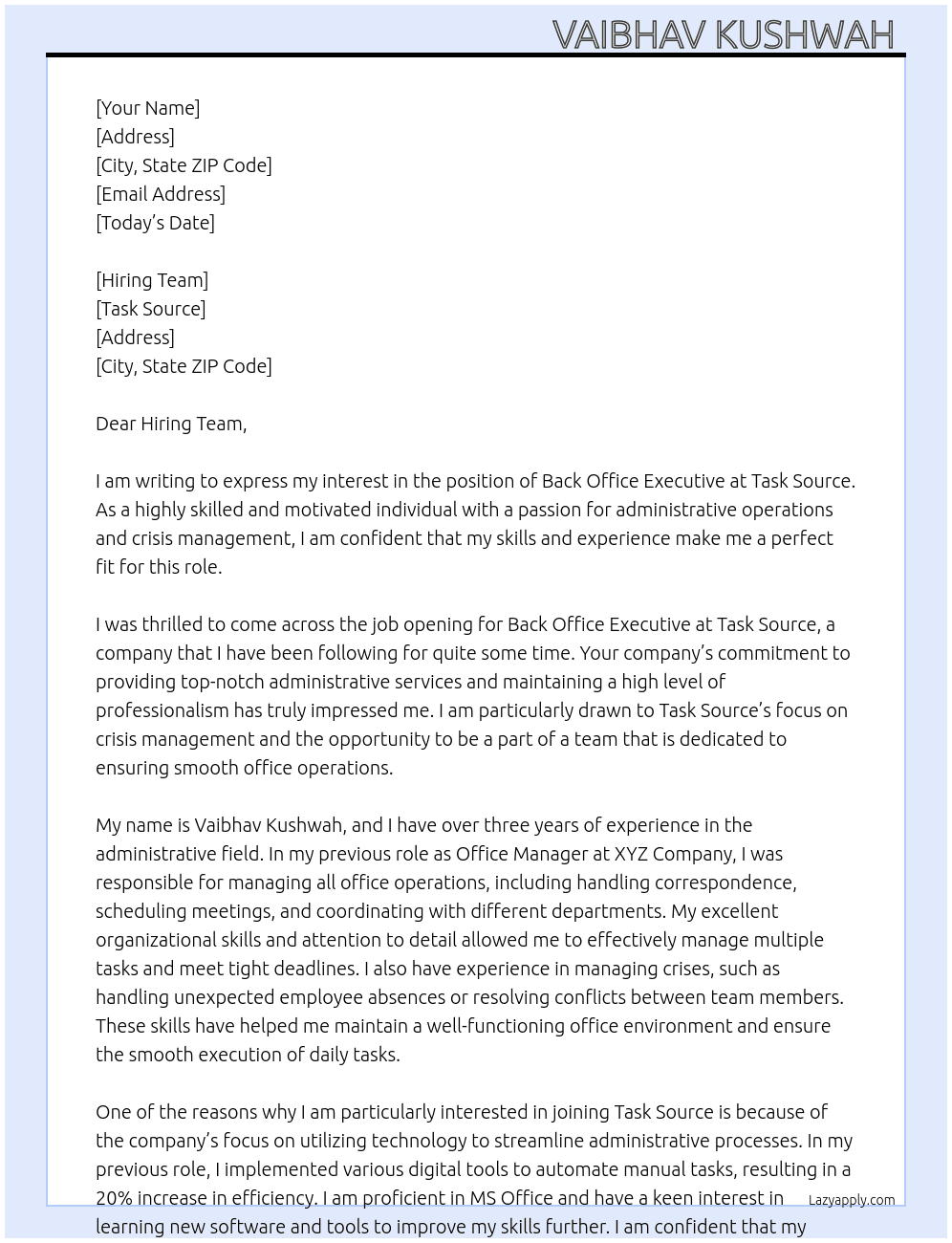 Back office executive  At Task source  Cover Letter