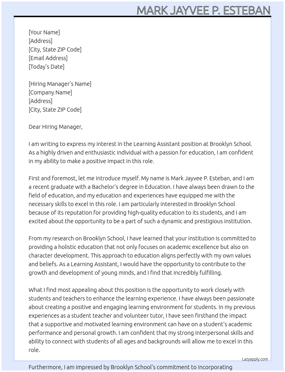 Brooklyn School Learning Assistant At Brooklyn School Cover Letter