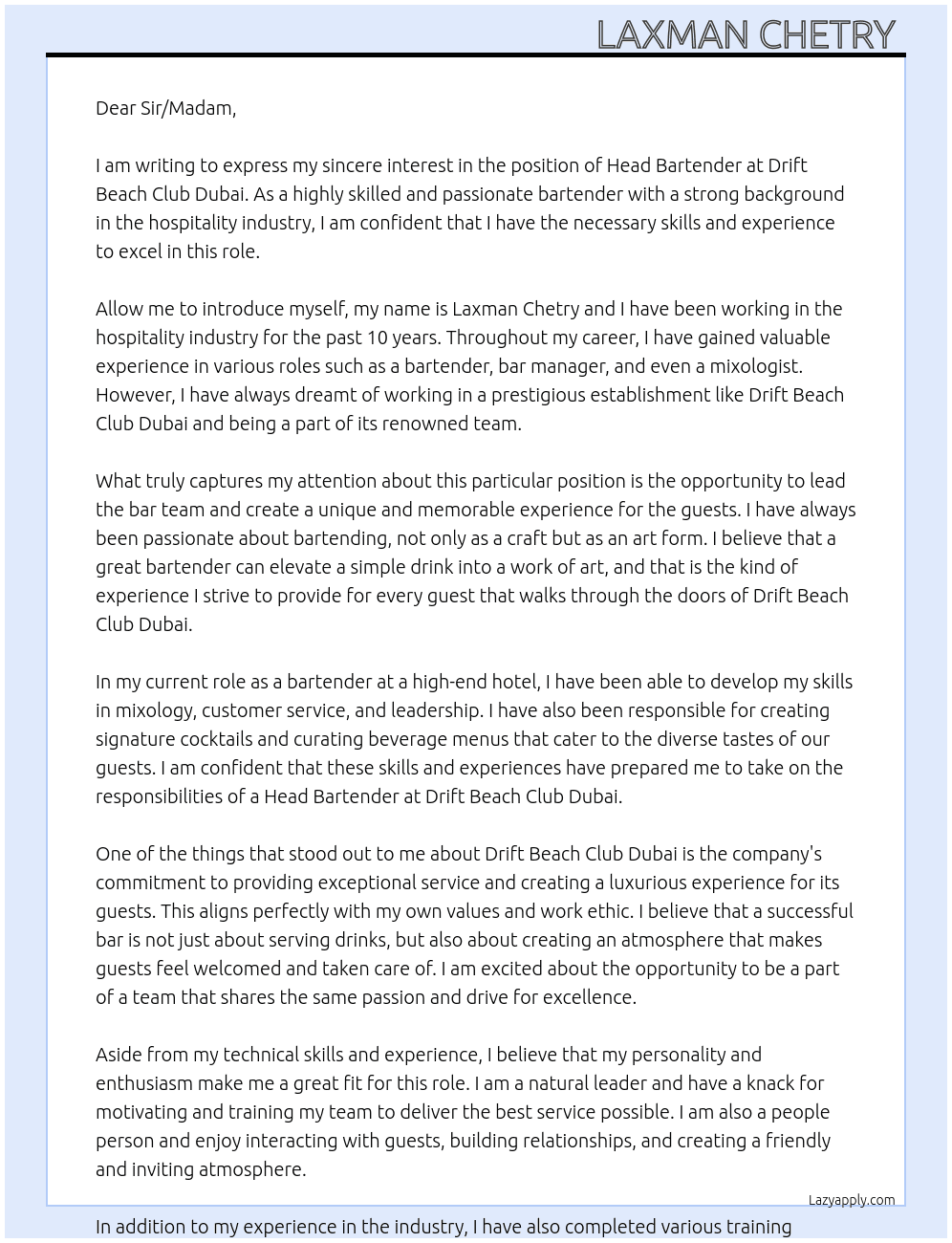 Head bartender  At Drift beach club dubai Cover Letter