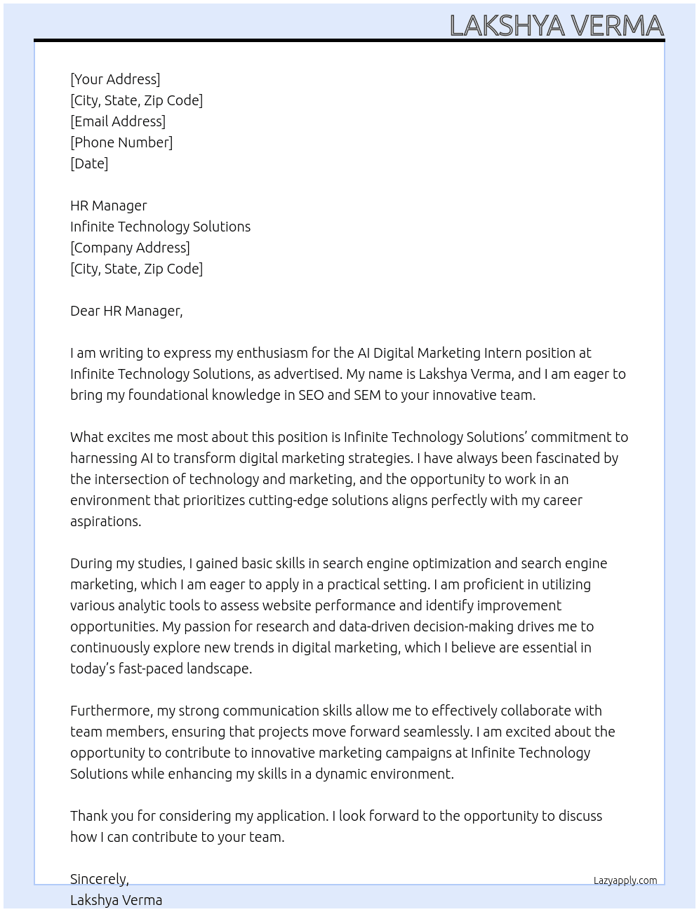 AI Digital Marketing Intern At Infinite Technology Solutions Cover Letter