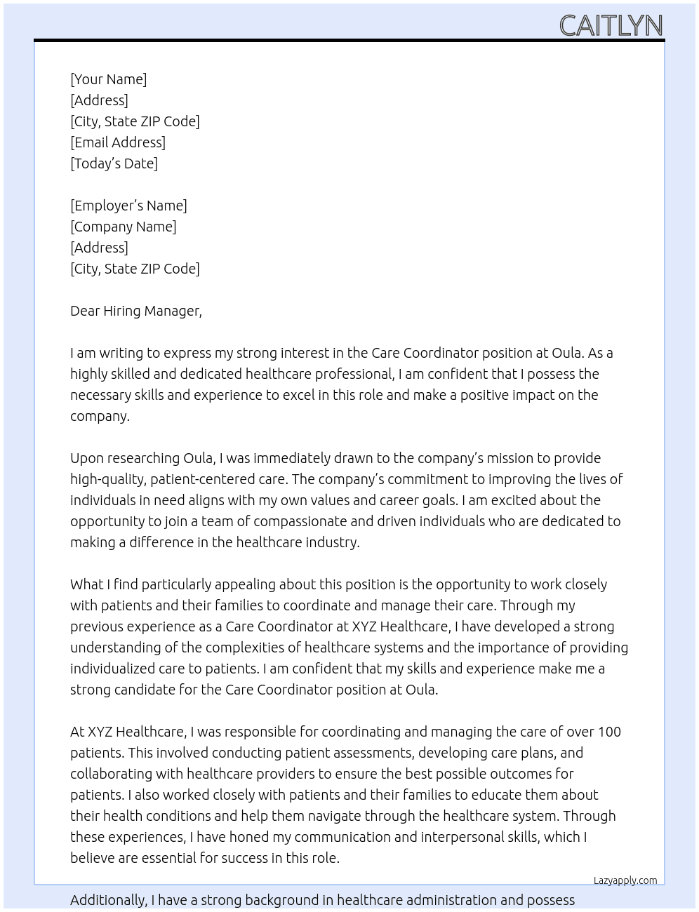 Care Coordinator At Oula Cover Letter