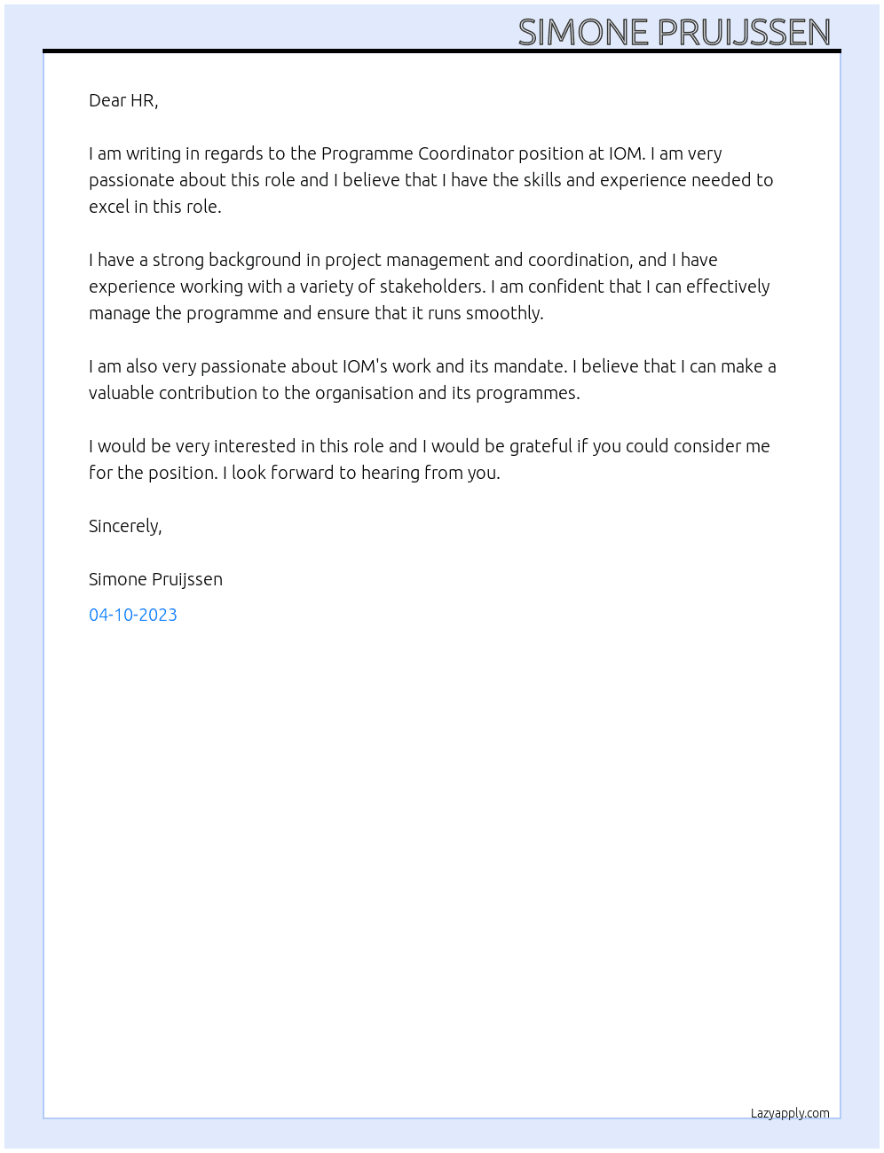 Programme Coordinator  At IOM Cover Letter