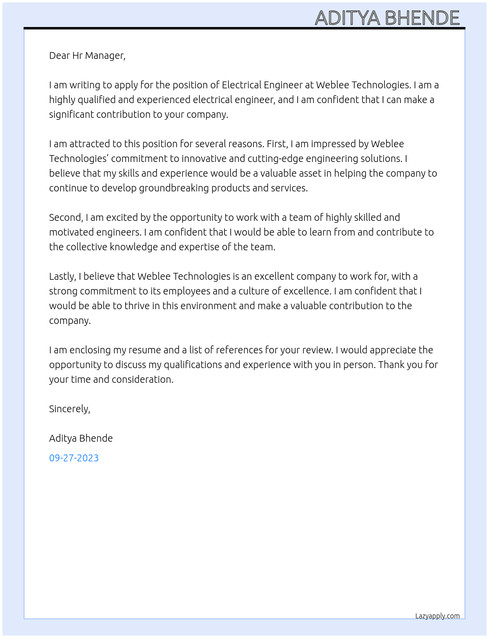 Electrical Engineer At Weblee Technologies Cover Letter
