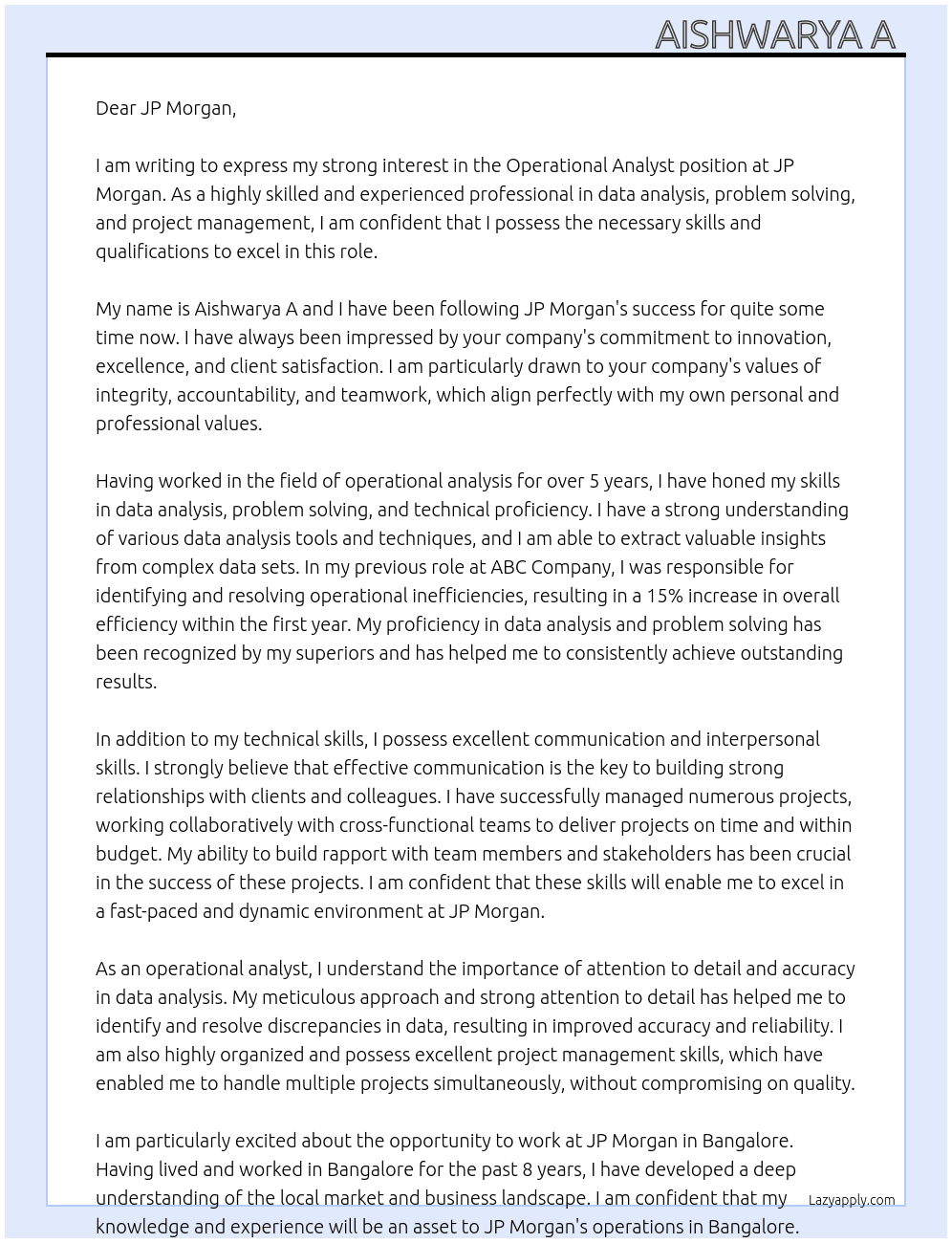 Operational analyst  At JP Morgan  Cover Letter