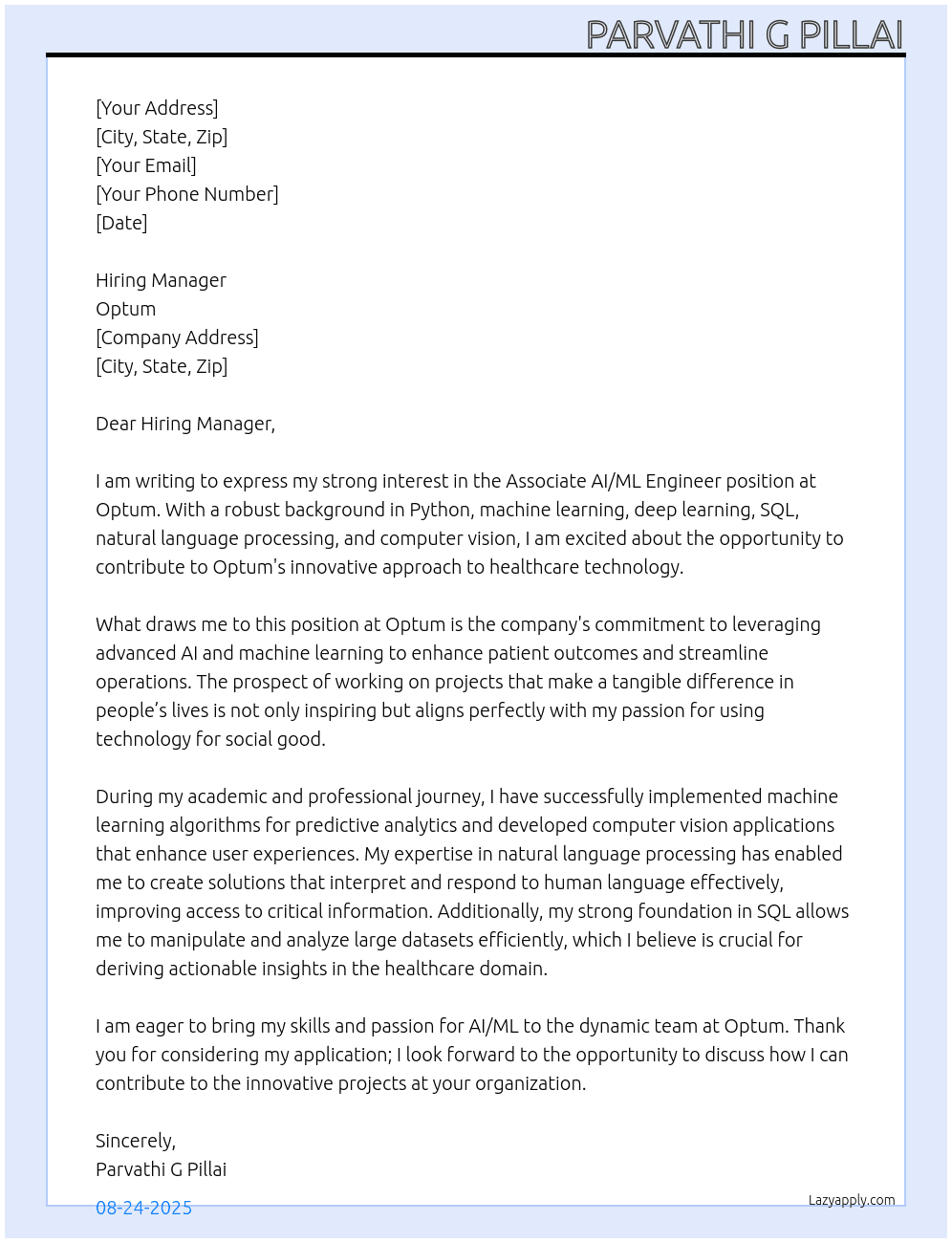 Associate AI/ML Engineer At optum Cover Letter