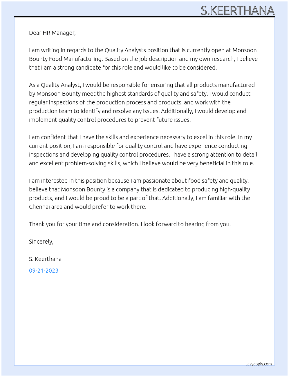 Quality Analysts At monsoon bounty food manufacturing   Cover Letter