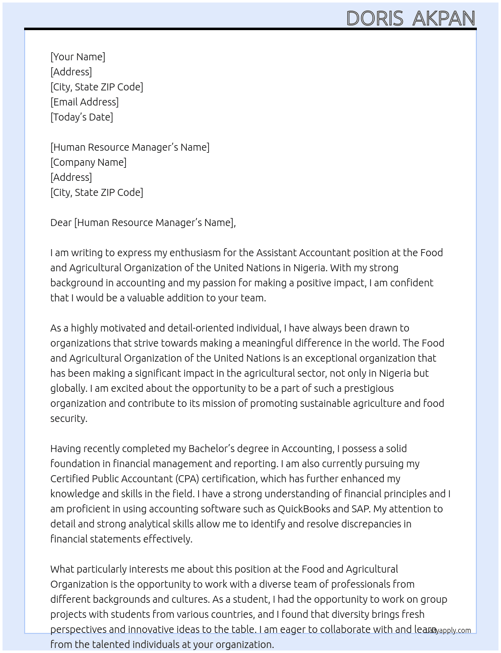 Assistant Accountant At Food and Agricultural Organization of the united nations, Nigeria Cover Letter