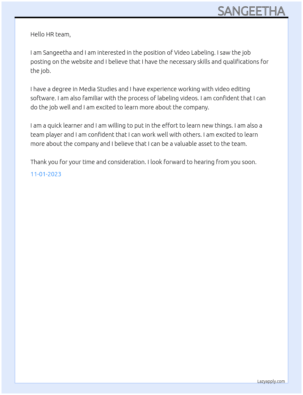 Video labeling  At Apexon Cover Letter