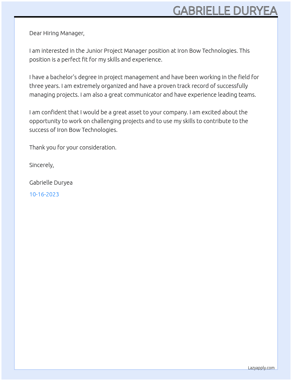Junior Project Manager At Iron Bow Technologies Cover Letter