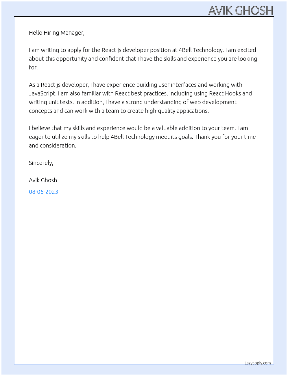 React js developer At 4Bell Technology  Cover Letter