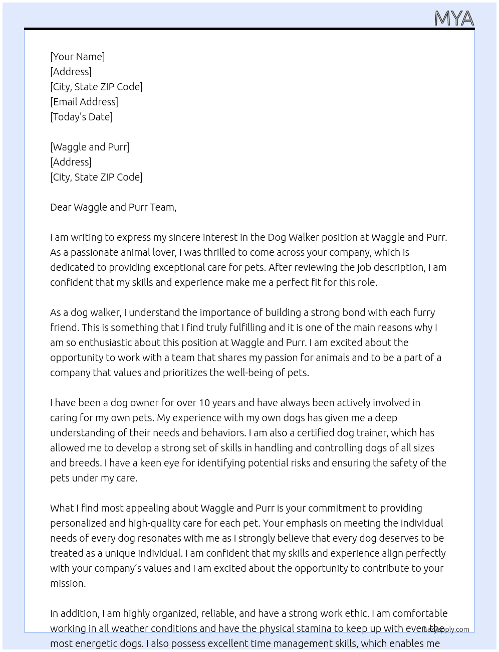Dog walker At Waggle and Purr Cover Letter