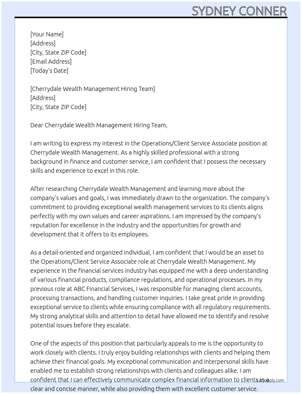 Operations / Client Service Associate At Cherrydale Wealth Management Cover Letter