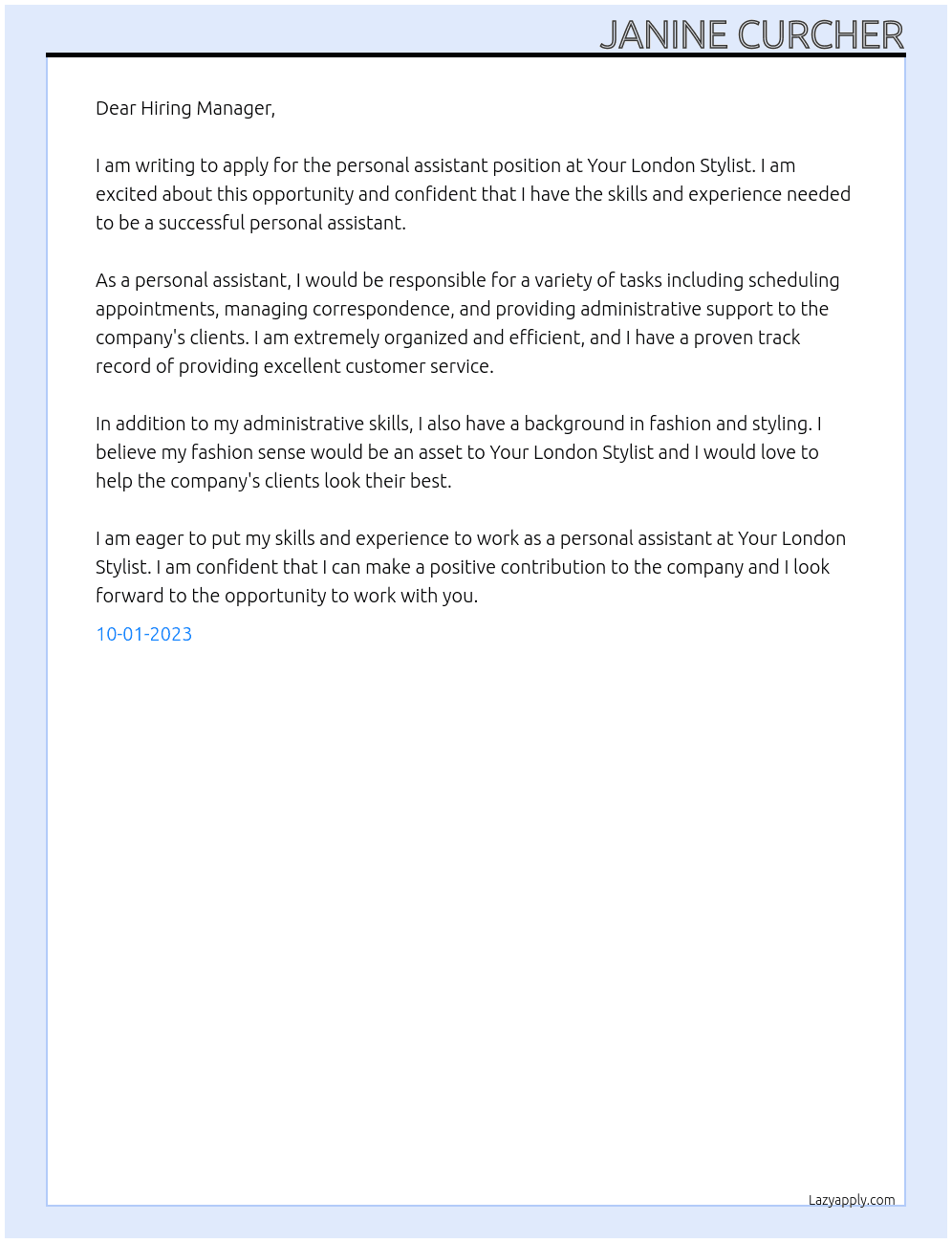 personal assistant  At Your London Stylist Cover Letter