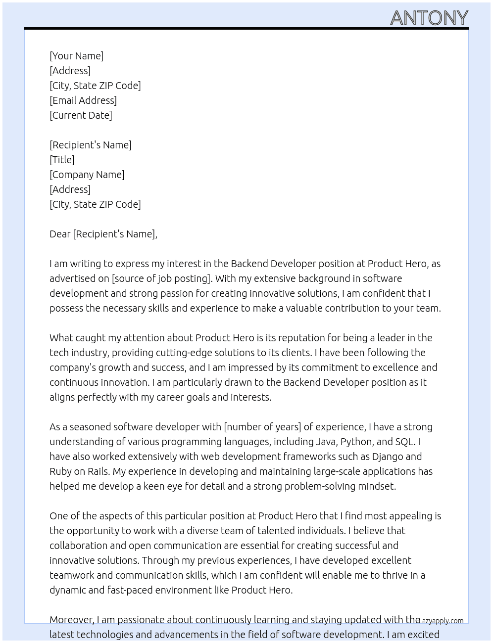 Backend developer At Product Hero Cover Letter