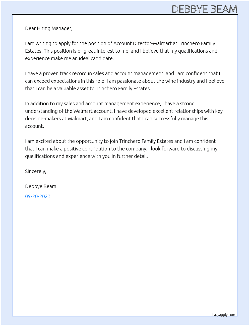 Account Director-Walmart  At Trinchero Family Estates Cover Letter