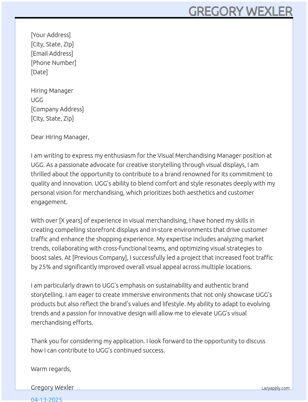 Visual Merchandising Manager, At UGG Cover Letter