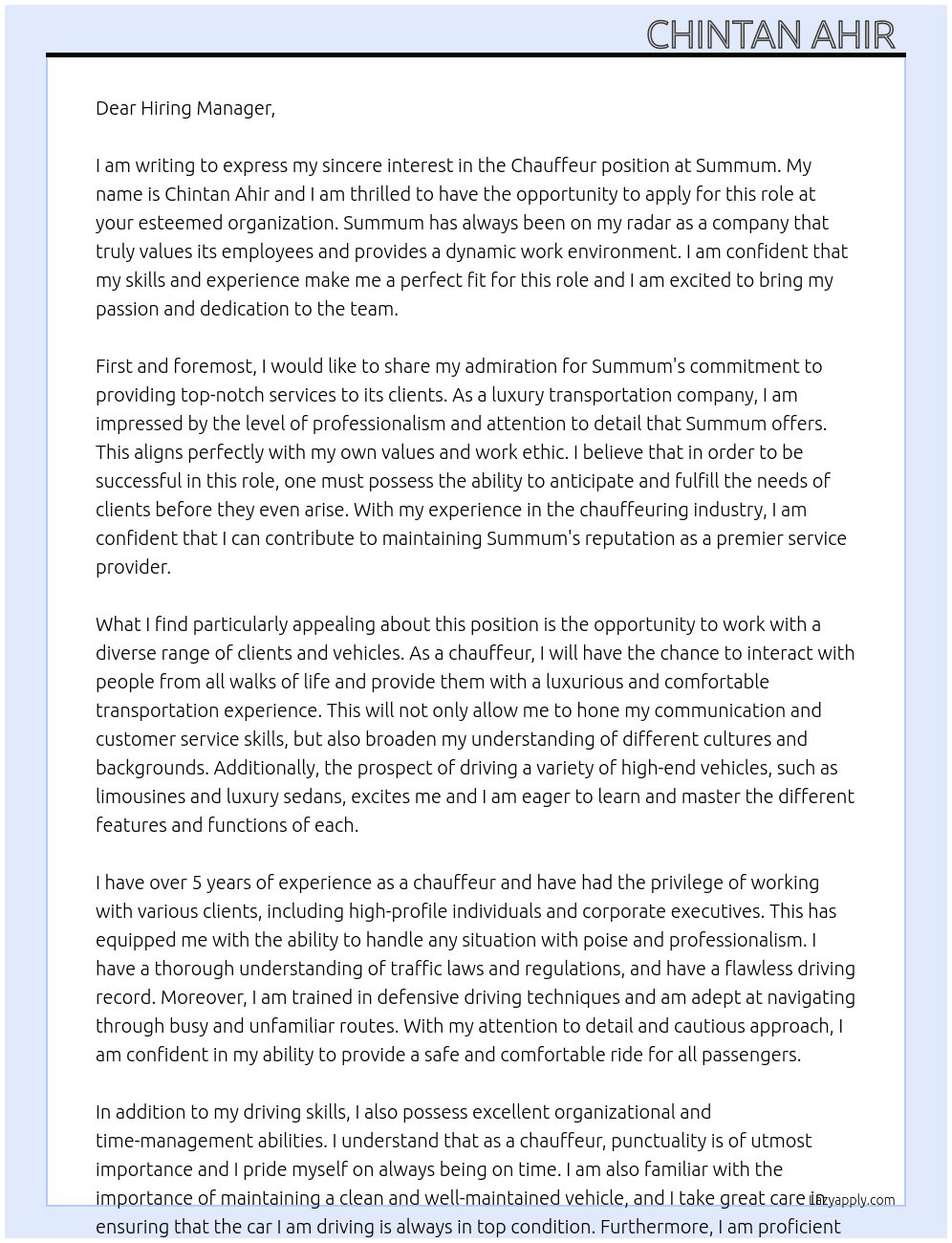 Chauffeur  At Summum  Cover Letter