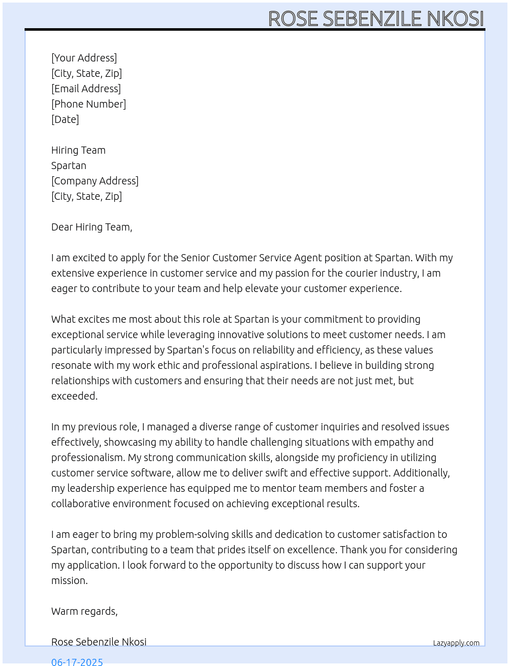 Senior customer service agent - courier industry At Spartan Cover Letter
